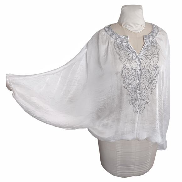 White Ponch Style Blouse by BLACK Boho Top w/ Silver Beads Goddess Festival Sz M - Picture 2 of 9